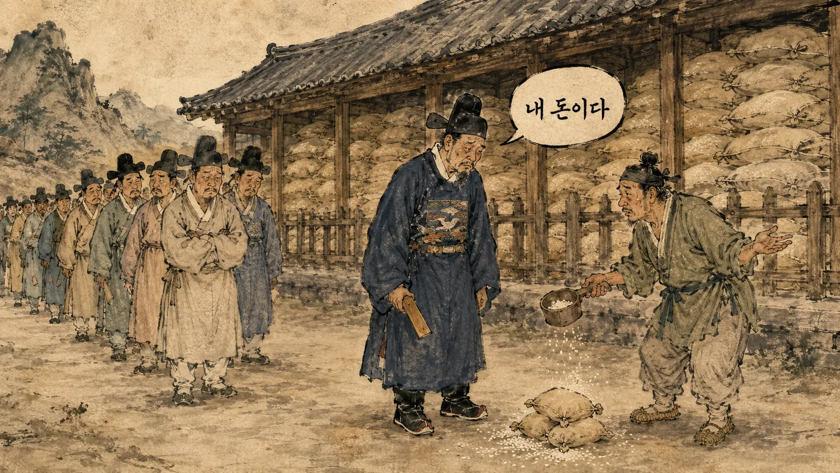 조선시대 광흥창에서 녹봉 쌀을 받아가는 관리들 김홍도 풍 만평 가로