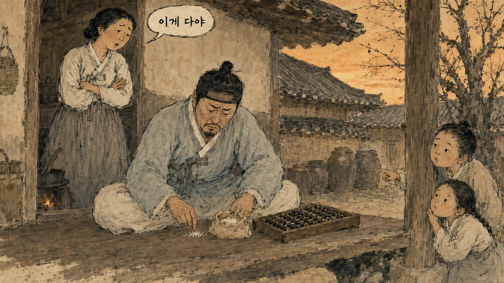 조선시대 관리가 쌀가마를 세며 한숨 쉬는 김홍도 풍 만평 세로