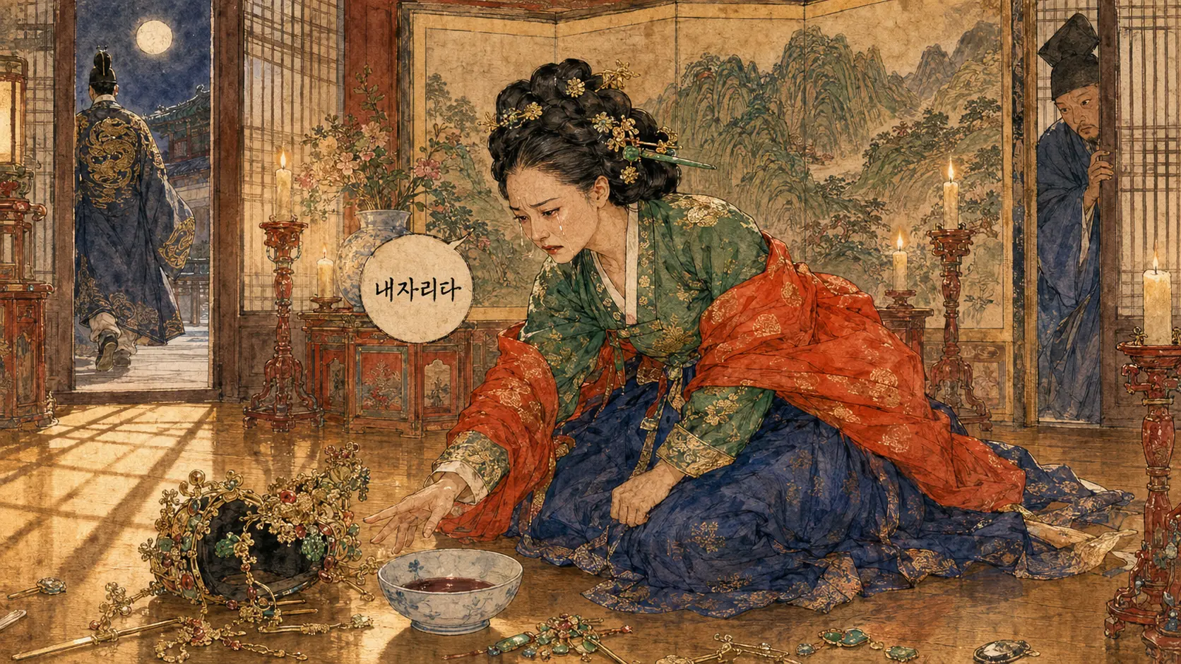 장희빈 사약 만평 해설 사약사발 왕비관 숙종 뒷모습 말풍선 내자리다