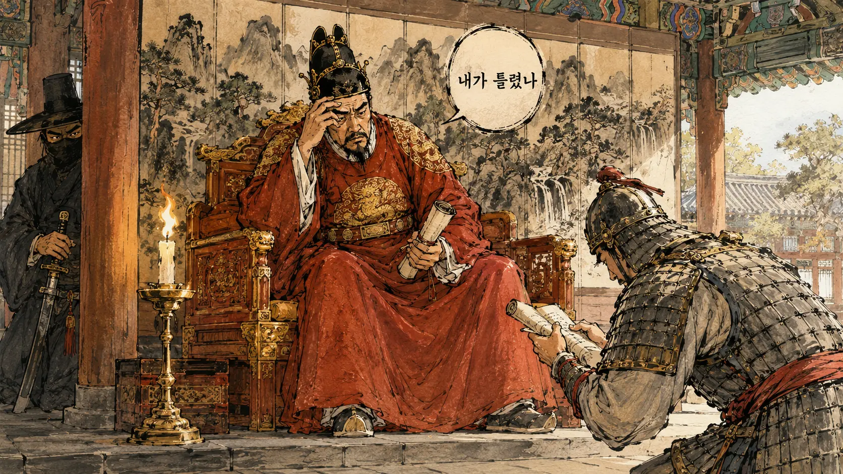 광해군 중립외교 만평해설 김홍도 풍 수묵담채 어좌의 광해군과 밀지를 든 강홍립 클린 버전
