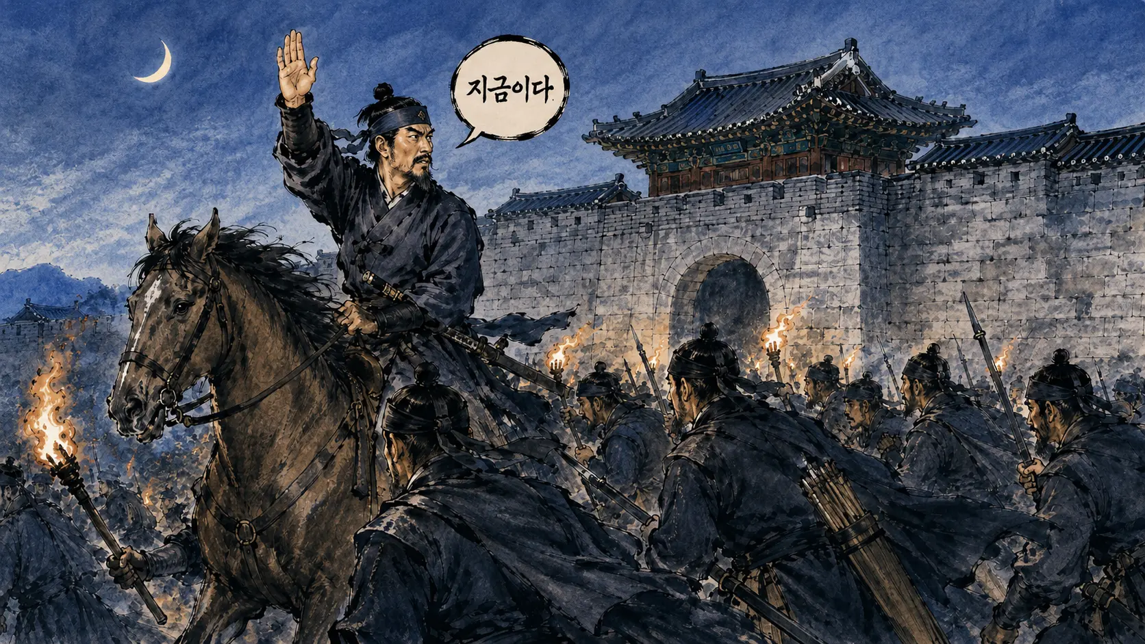 광해군 인조반정 풍자 만평 김홍도 풍 수묵담채 새벽 반정군이 횃불을 들고 진격 신호를 내리는 장면