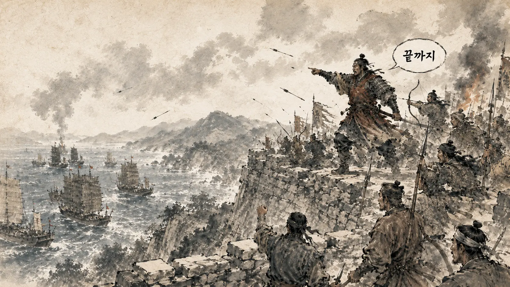 삼별초 항쟁 진도 용장산성에서 여몽연합군에 맞서는 삼별초 병사들을 김홍도 풍으로 그린 만평