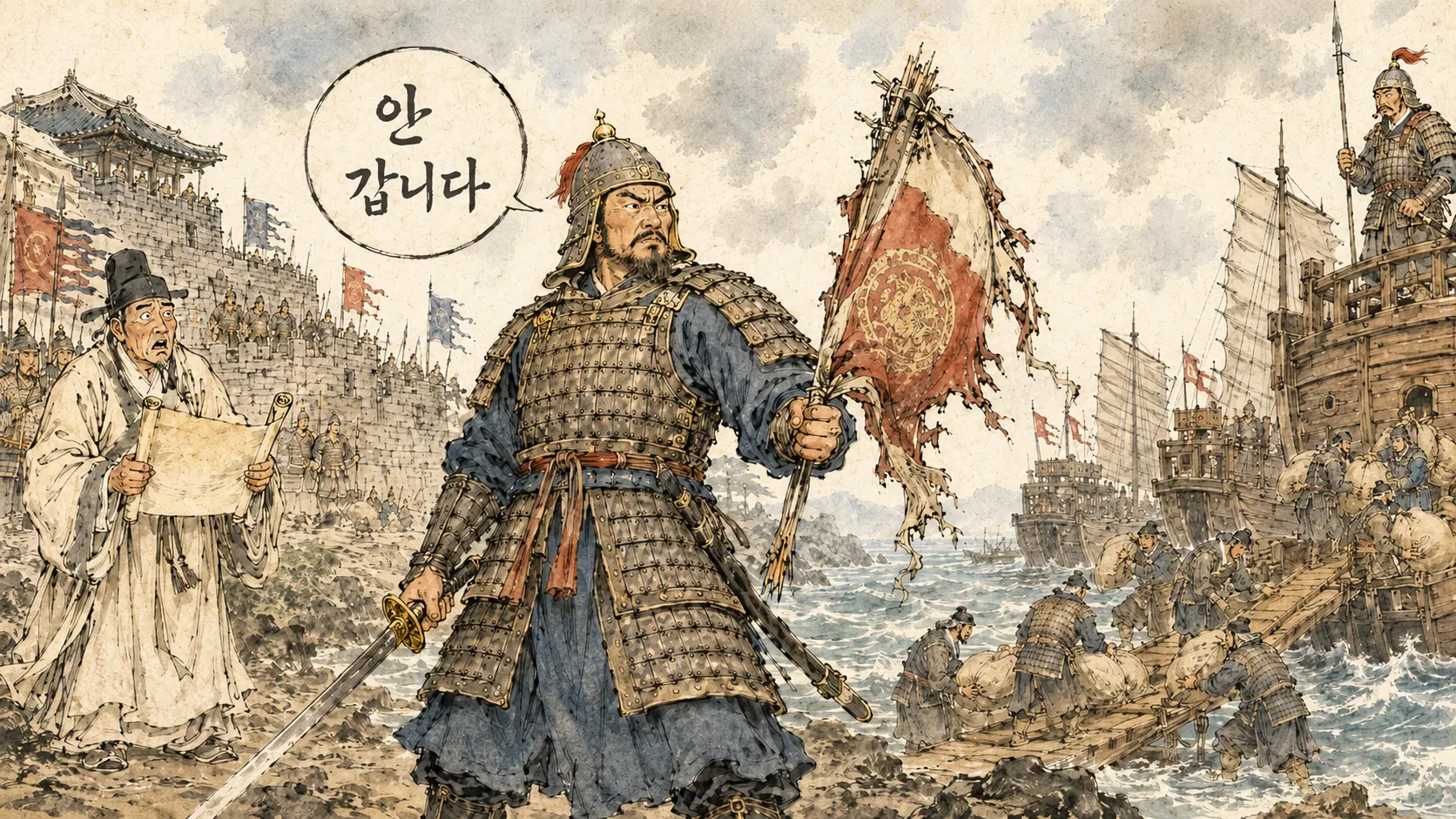 삼별초 항쟁 배중손 장군의 항복 거부 장면을 김홍도 풍 수묵담채 만평으로 표현한 이미지