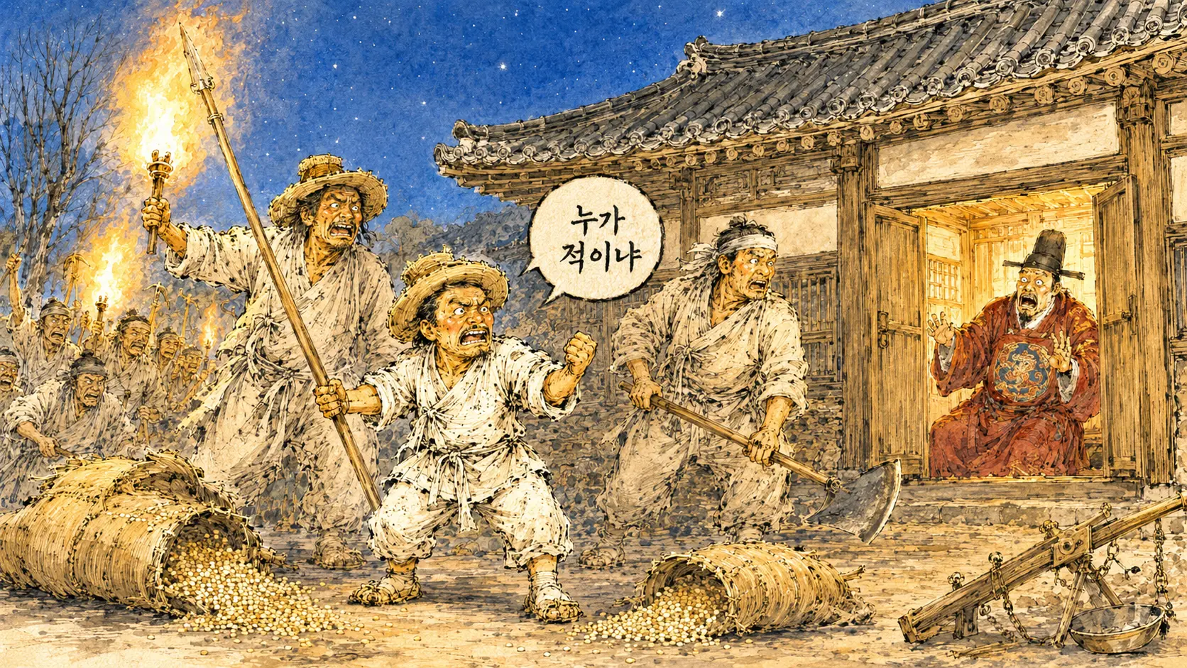 동학농민운동 전봉준 봉기 장면 김홍도 풍 만평 텍스트 없는 클린 버전