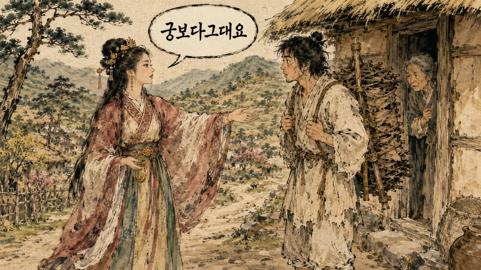 온달과 평강공주 혼인 장면 — 궁을 뛰쳐나온 공주가 온달을 찾아가는 김홍도 풍 만평