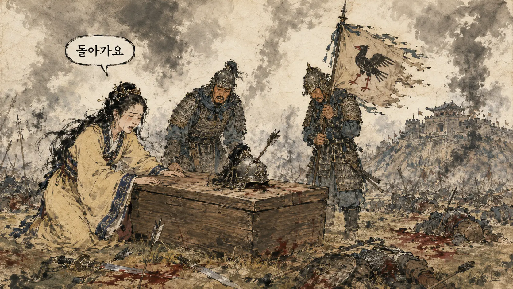 온달과 평강공주 만평 — 아단성 전투 후 관 앞의 평강공주 김홍도 풍 수묵담채