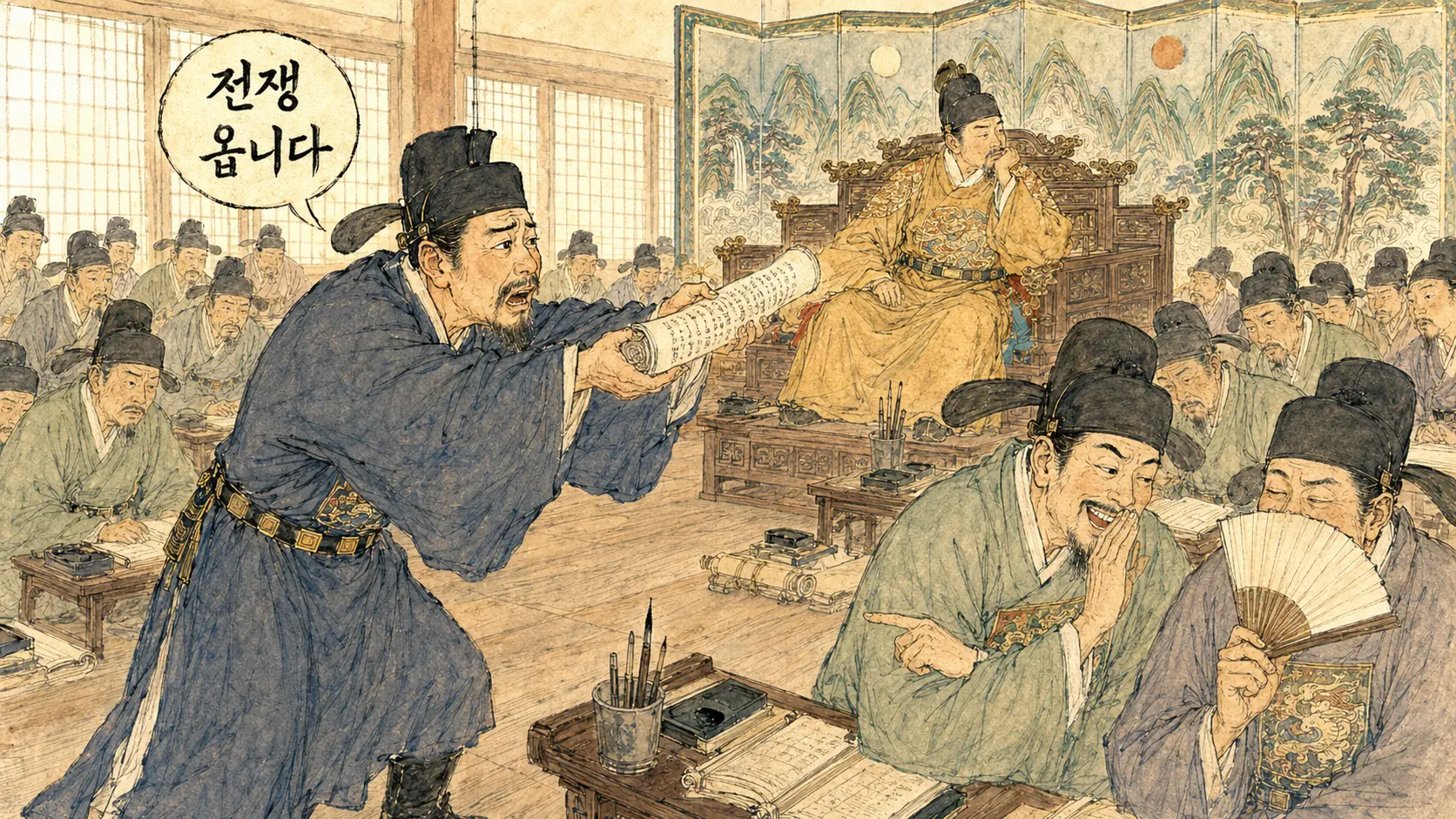 이이 10만 양병설 만평 해설 — 경연장 장면 김홍도 풍