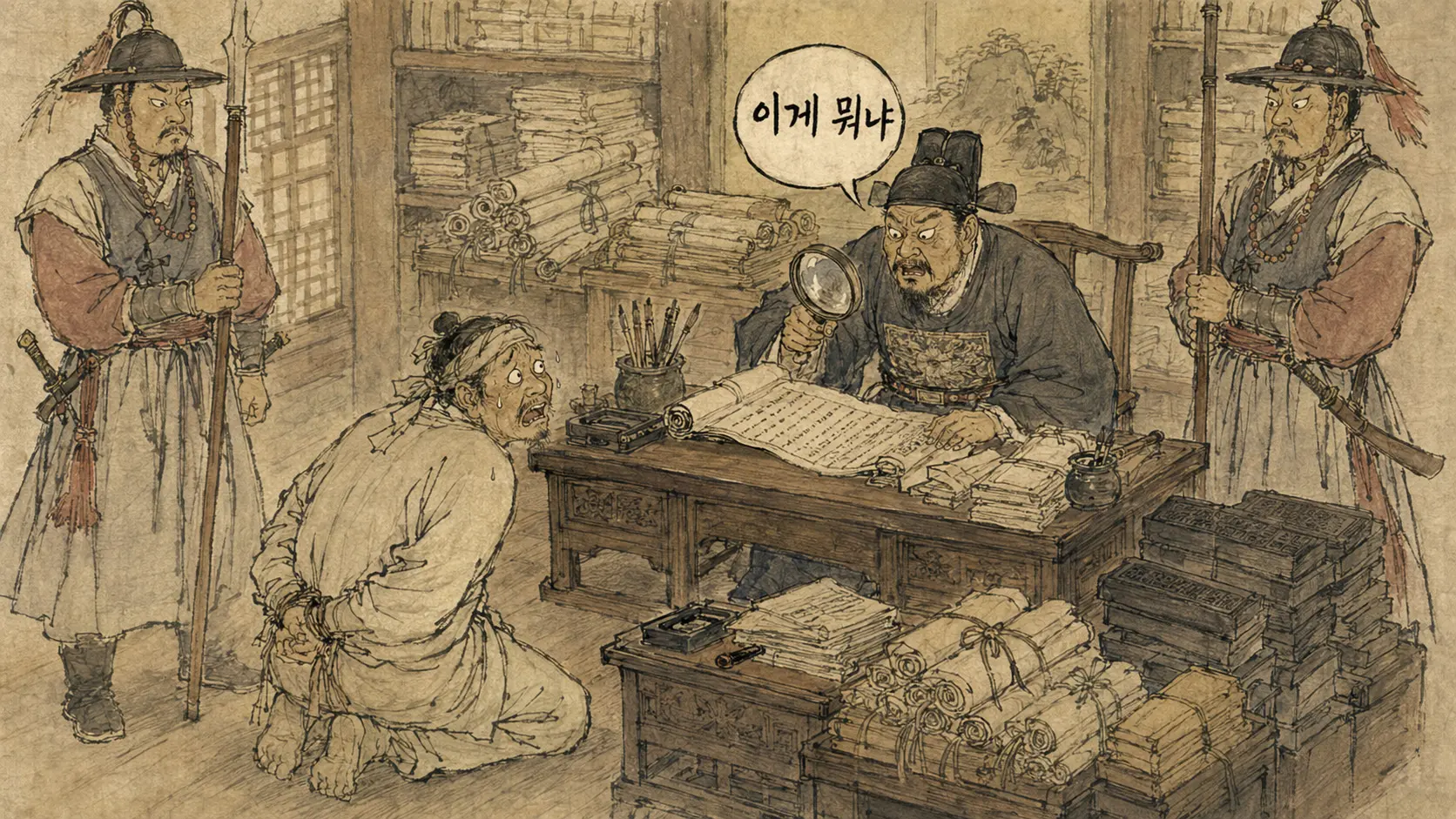 조선 족보 위조 거래 장면 만평한국사