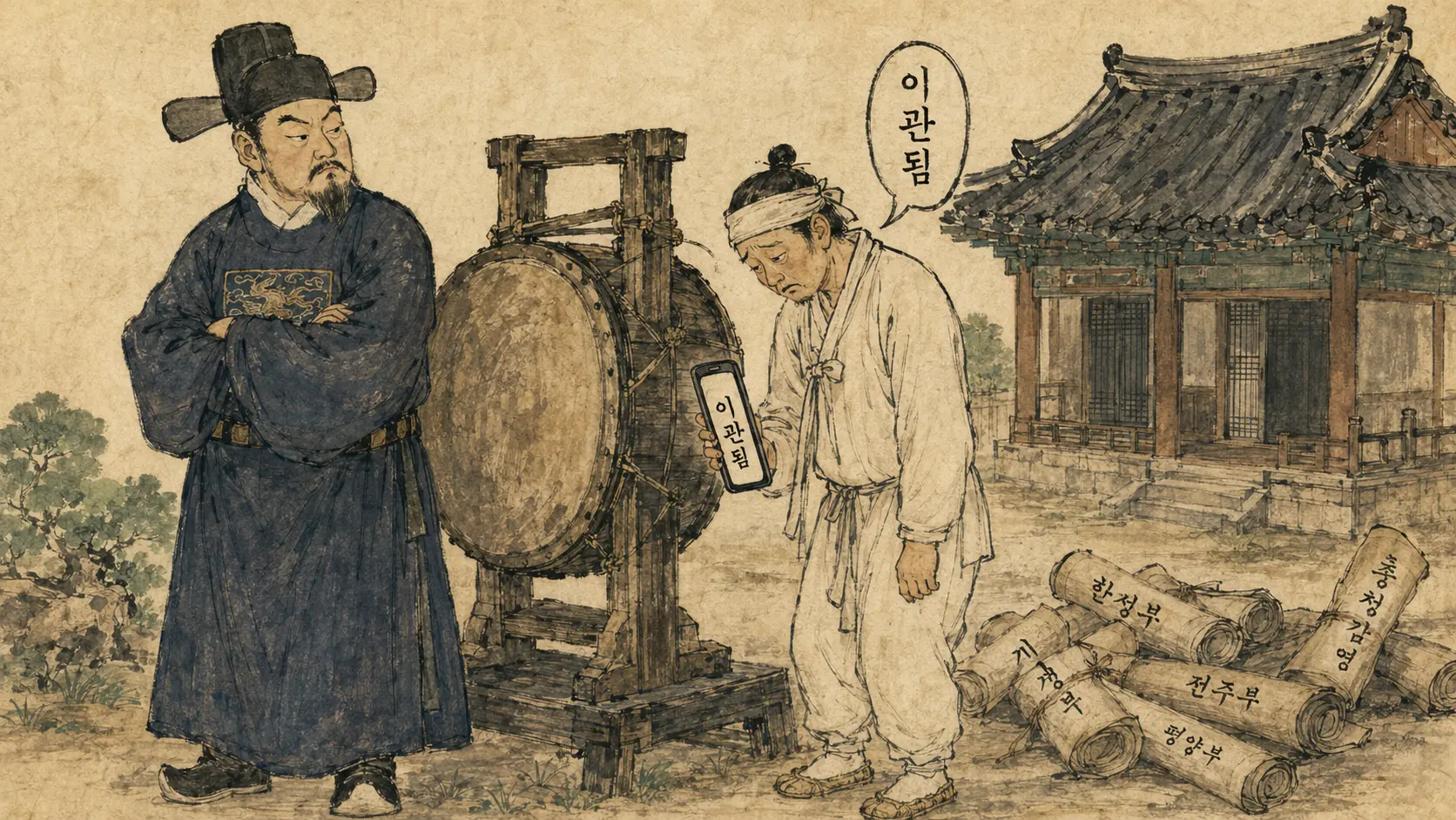 조선 신문고 앞 백성 스마트폰 이관됨 만평 해설용 16:9