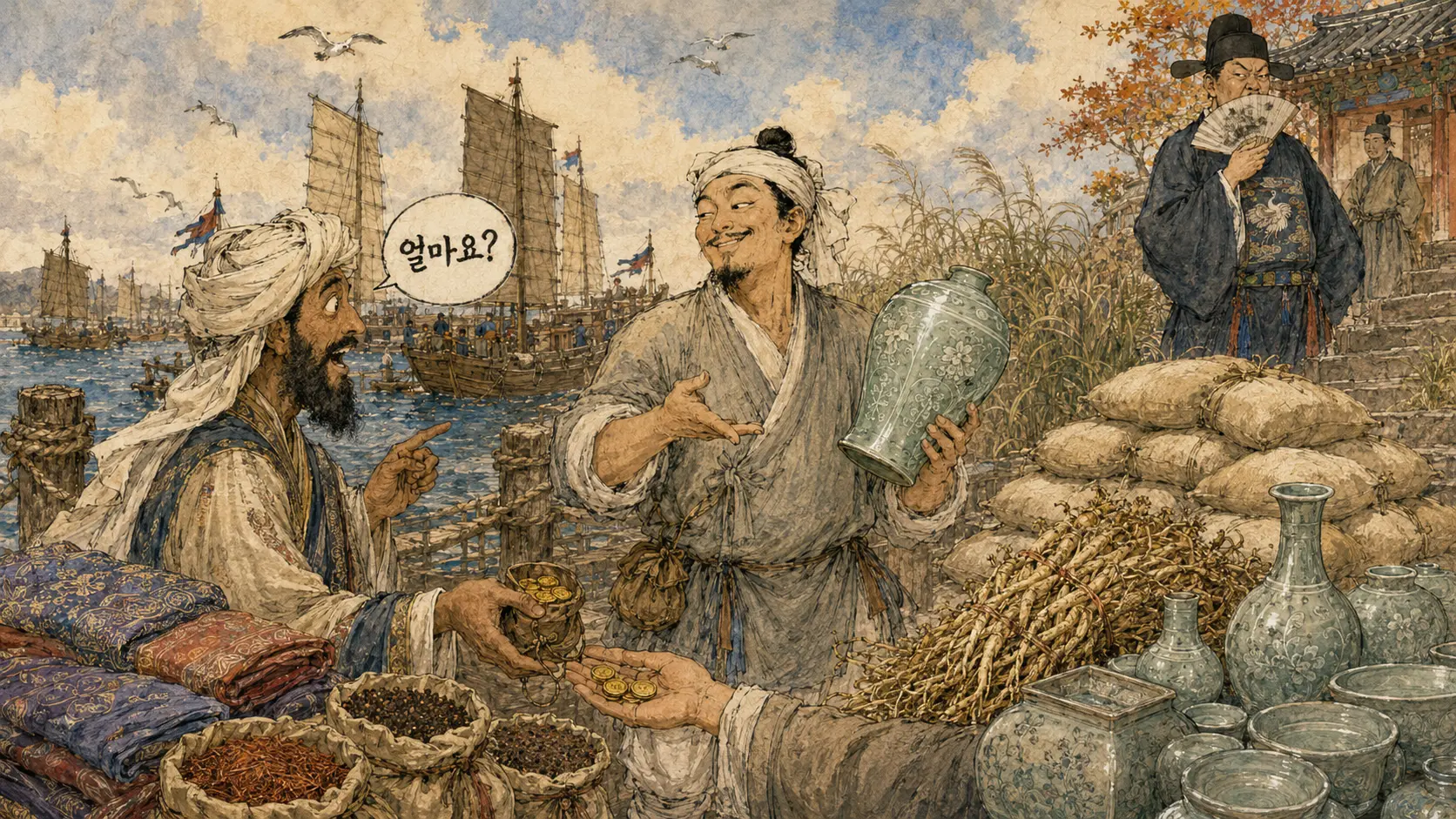 고려 무역 벽란도 항구에서 아라비아 상인과 거래하는 장면 김홍도 풍 만평 클린버전
