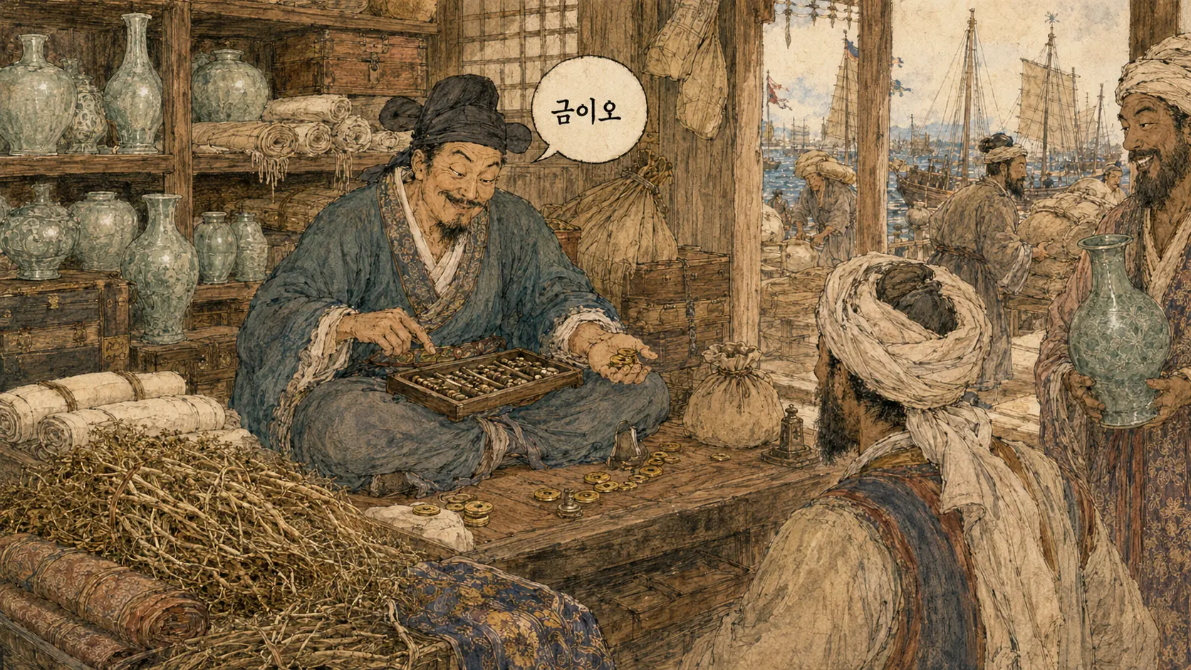 고려 무역 벽란도 객주에서 청자와 인삼을 정리하는 고려 상인 김홍도 풍 만평