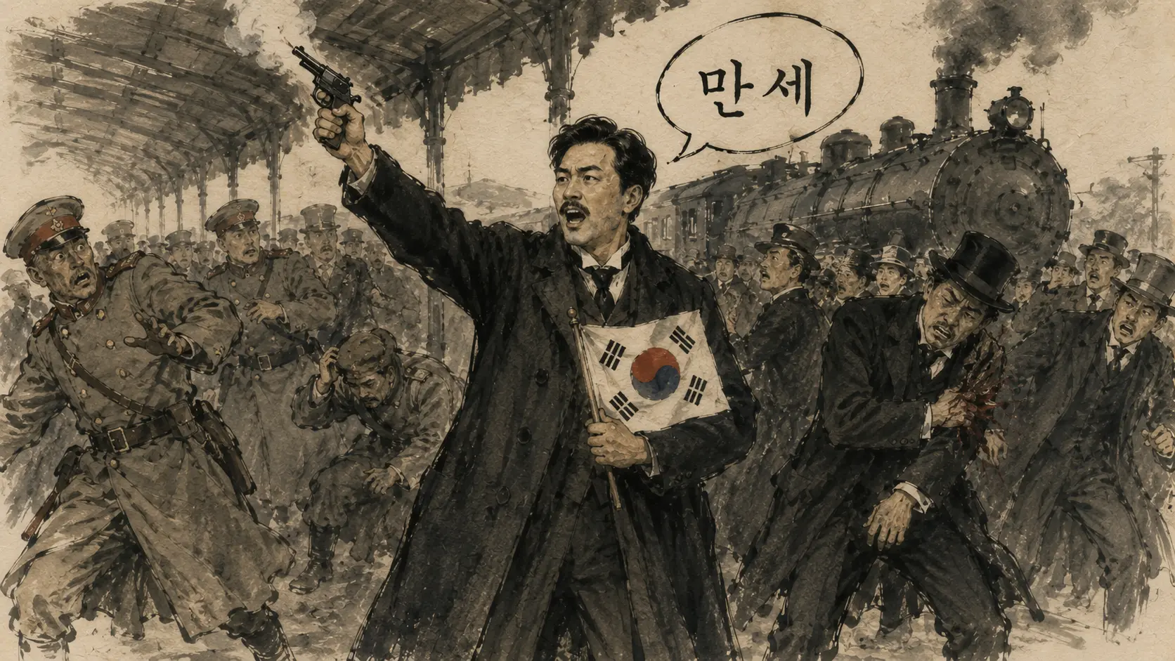 안중근 하얼빈역 의거 장면 김홍도 풍 만평