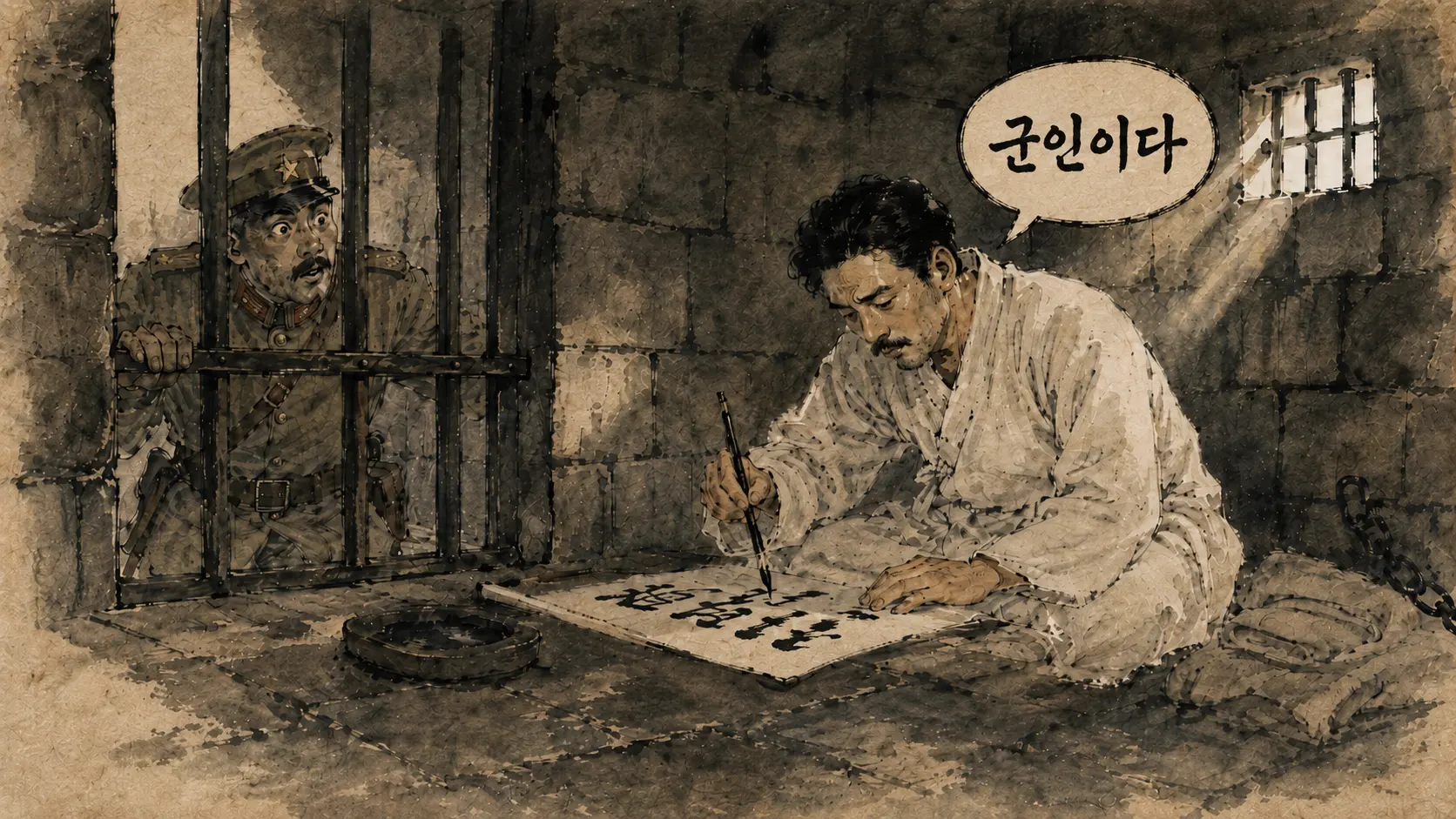 안중근 뤼순 감옥 유묵 장면 만평 해설용