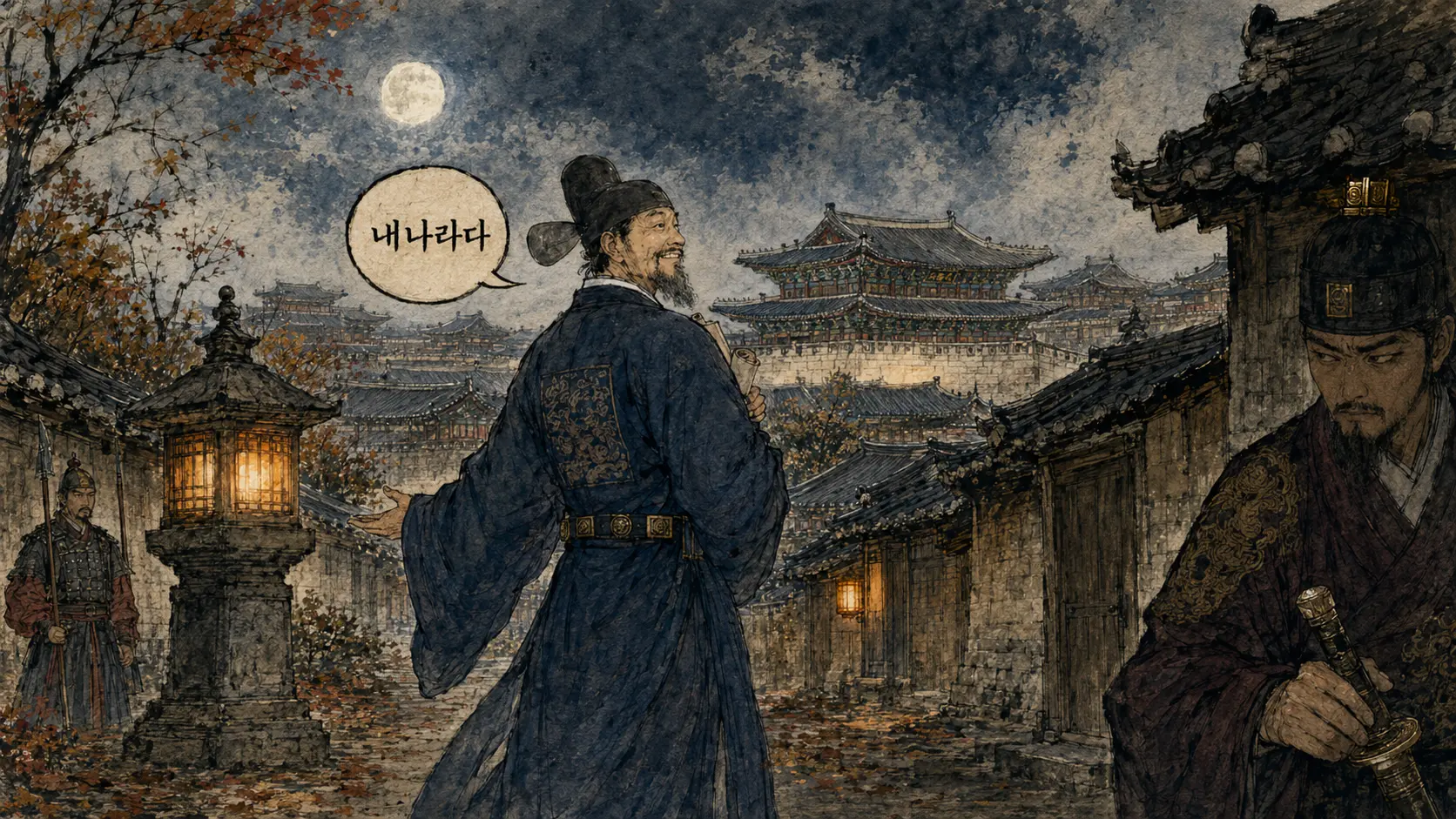 정도전 궁궐 밤 장면 만평 해설용 김홍도 풍