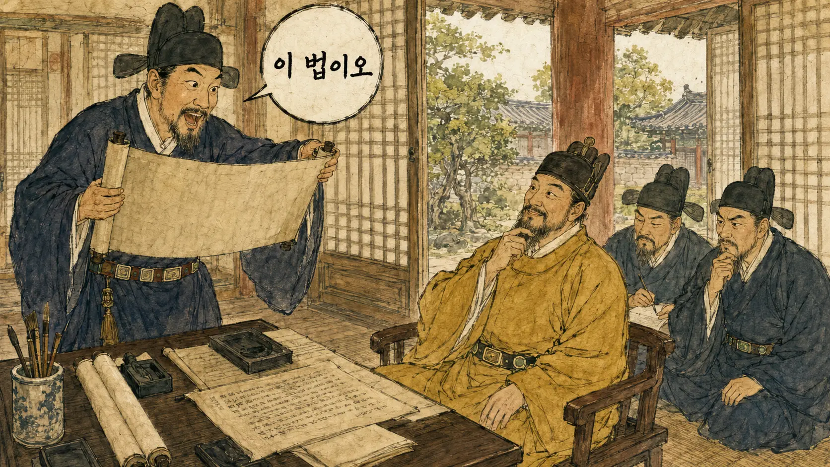 정도전 조선경국전 태조에게 설명하는 장면 김홍도 풍 만평