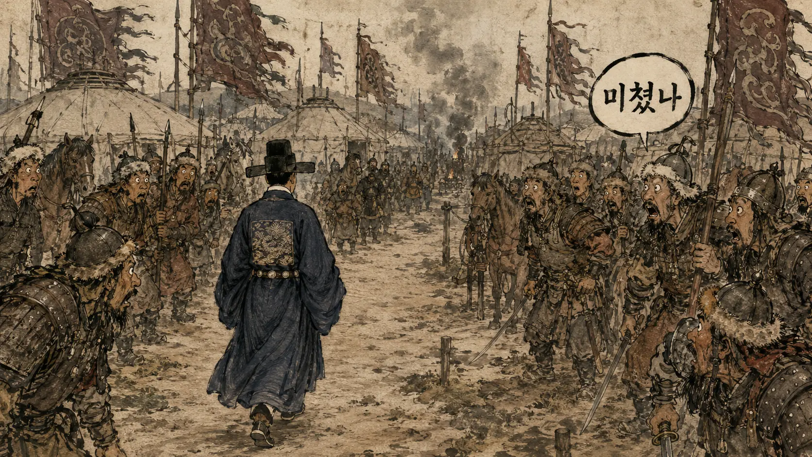 서희 외교담판 — 거란 진영으로 홀로 걸어 들어가는 서희의 뒷모습 만평