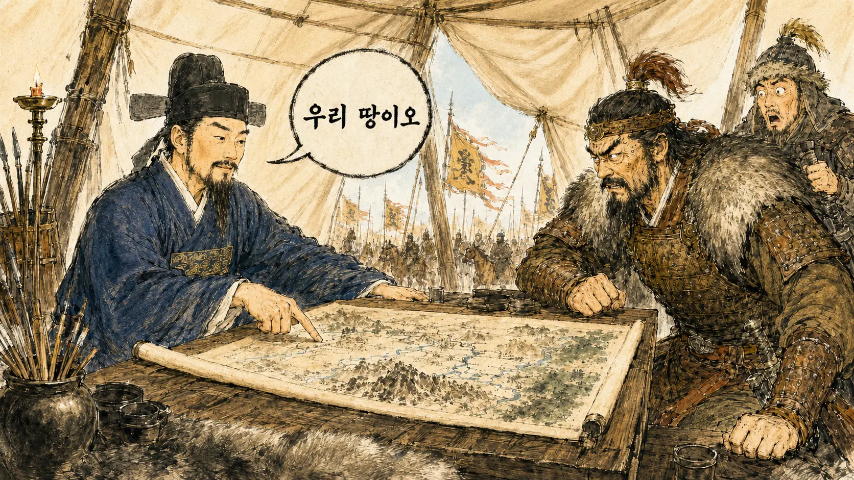 서희 외교담판 만평 — 거란 군막에서 소손녕과 대등하게 마주 앉은 서희