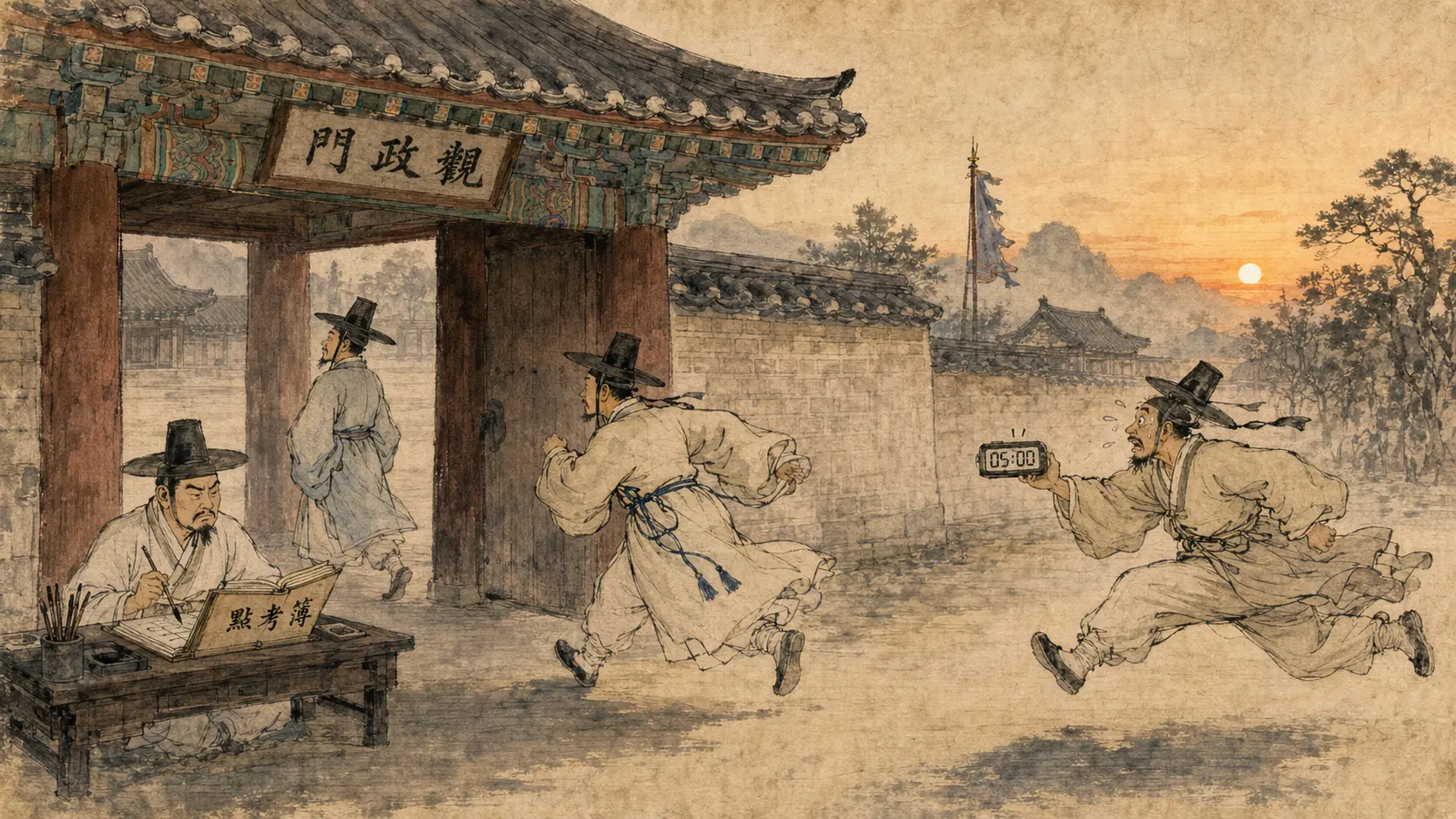 조선 묘시 출근 관청 앞 새벽 장면 만평 해설용