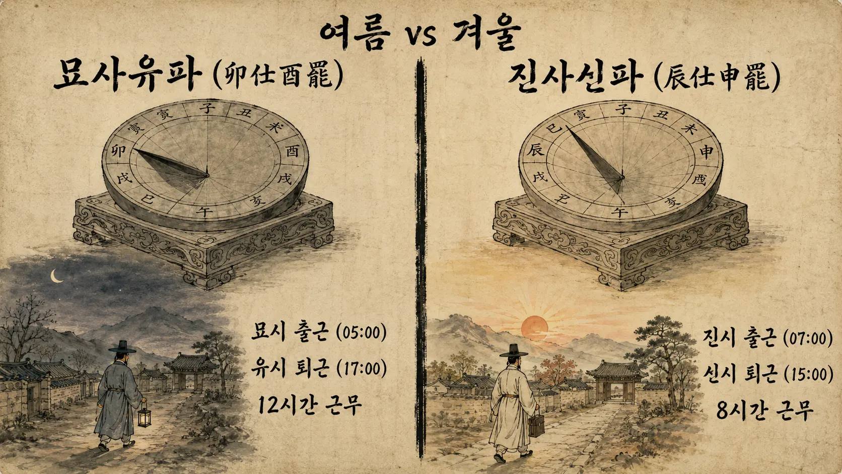조선 묘시 출근 묘사유파 여름 겨울 근무시간 비교 인포그래픽
