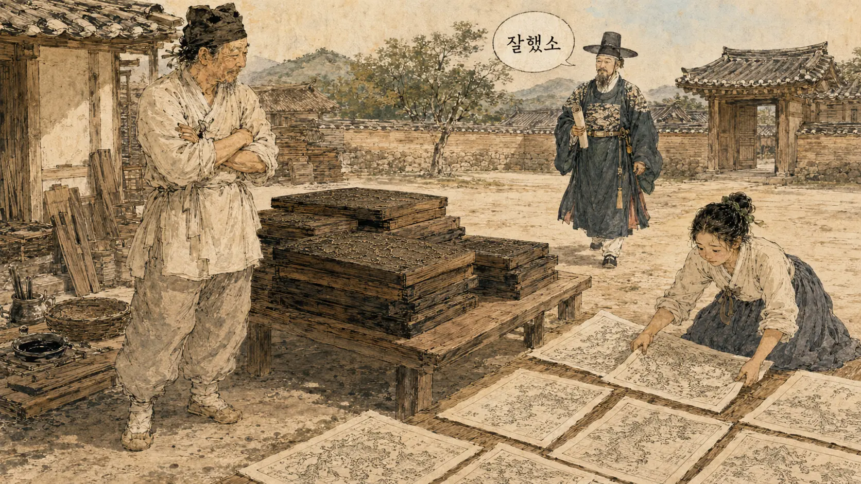 김정호 대동여지도 목판 인쇄 장면 만평