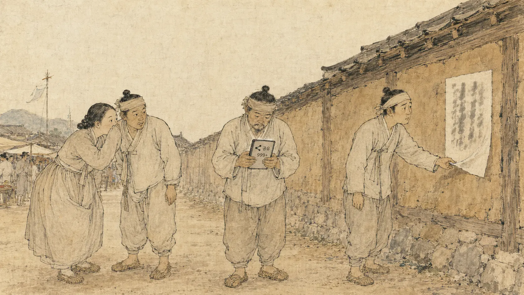조선 요언죄 만평 해설 - 방문을 찢으려다 멈춘 손과 뒤에서 말을 옮기는 사람들