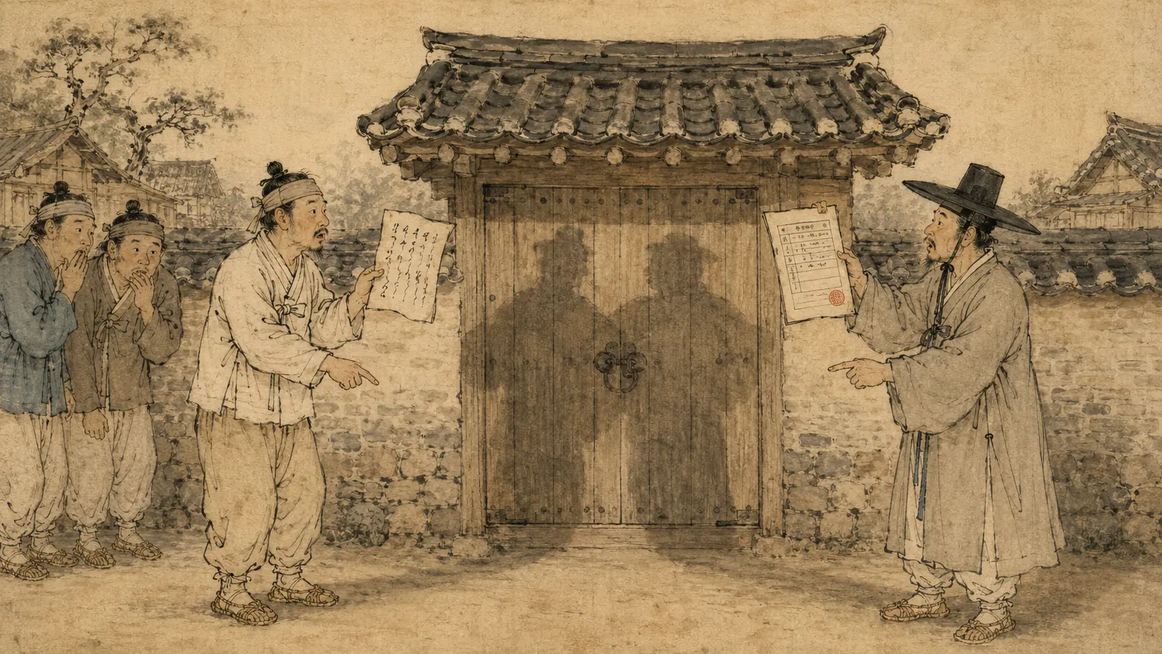 조선 가사 매매 만평 - 같은 대문 앞에서 각자 다른 문서를 펼쳐 든 두 사람