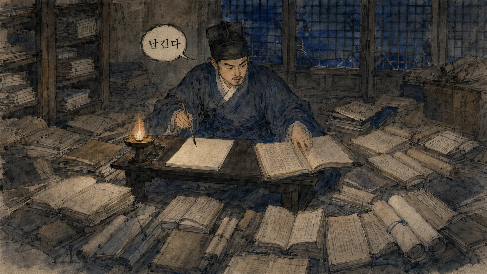 발해고를 쓰는 유득공이 밤 규장각에서 여러 사서를 펼쳐놓은 김홍도 풍 만평