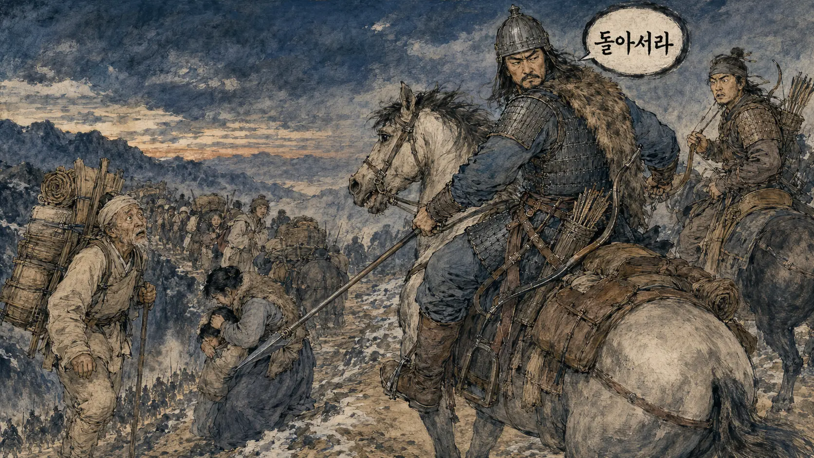 발해 건국 직전 대조영과 봇짐을 진 피난 행렬을 그린 김홍도 풍 수묵담채 만평