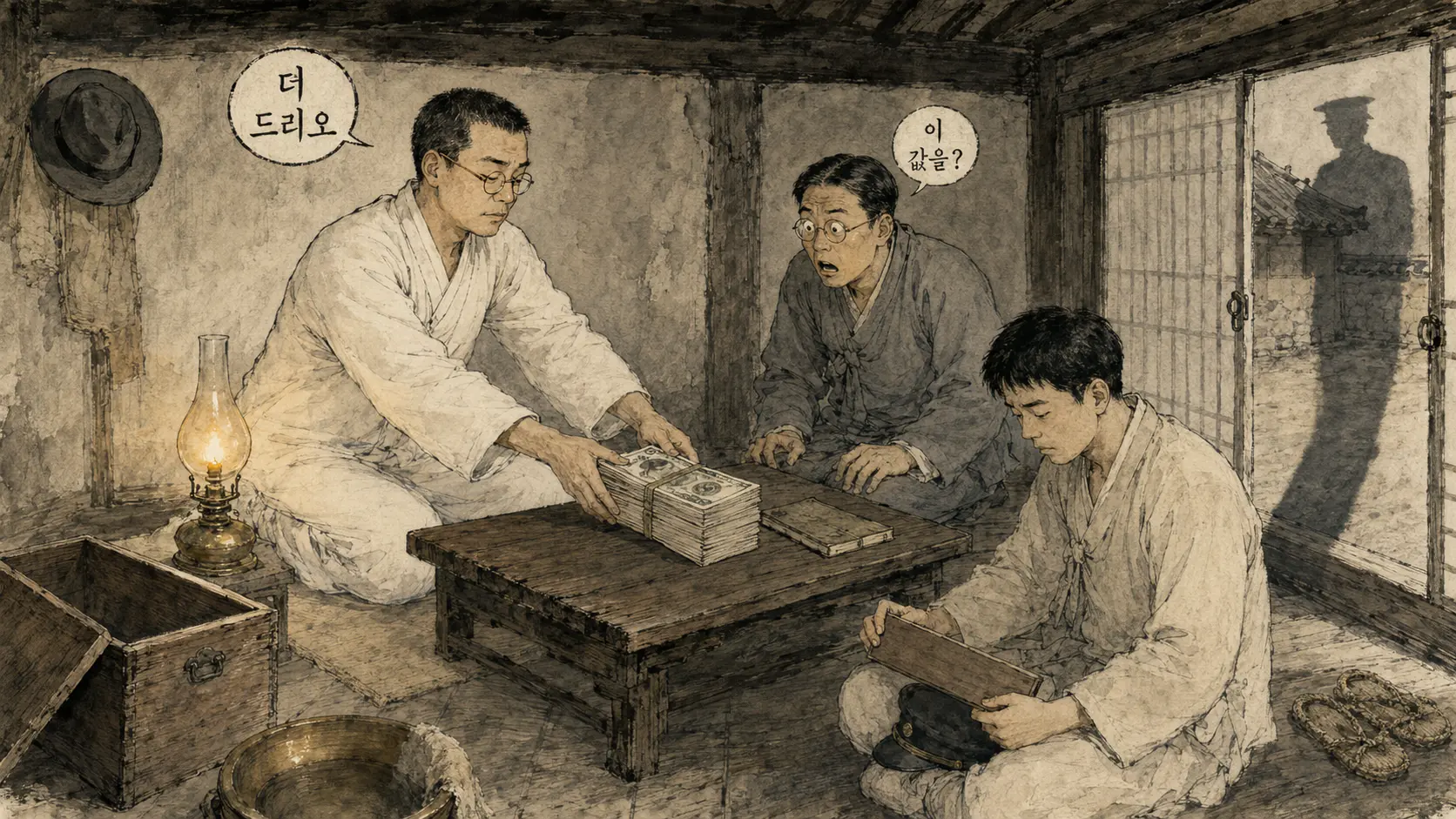 간송 전형필과 김태준, 이용준이 마주 앉은 1940년 사랑방을 그린 김홍도 풍 만평