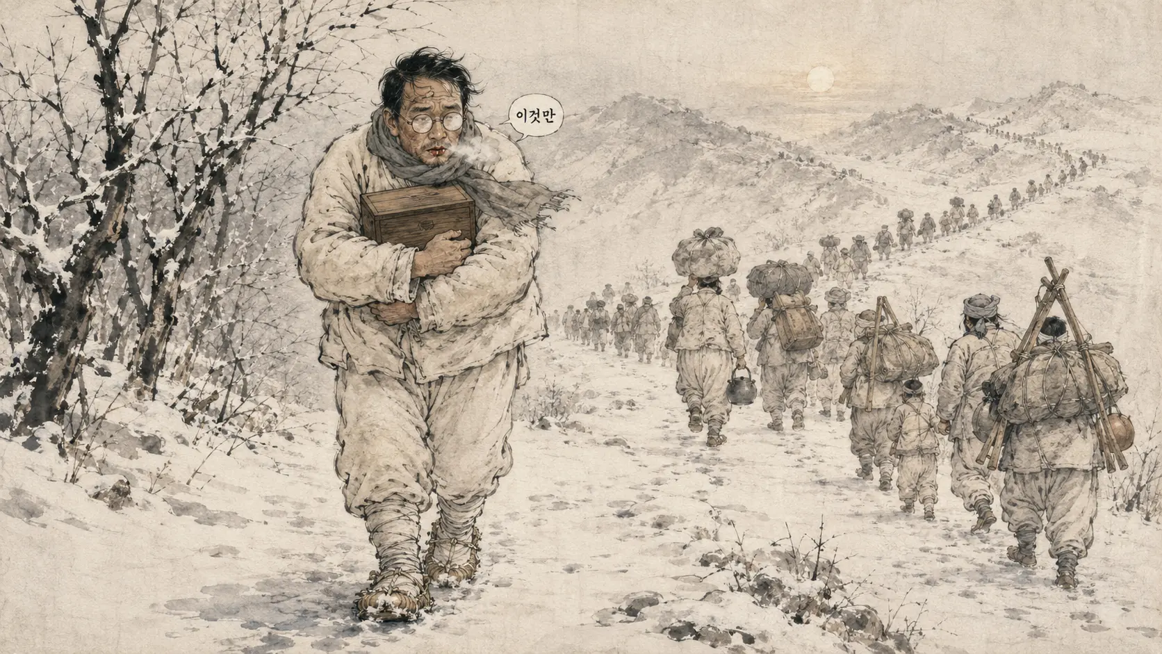간송 전형필이 오동나무 상자를 품에 안고 눈길 피난 행렬을 걷는 김홍도 풍 만평