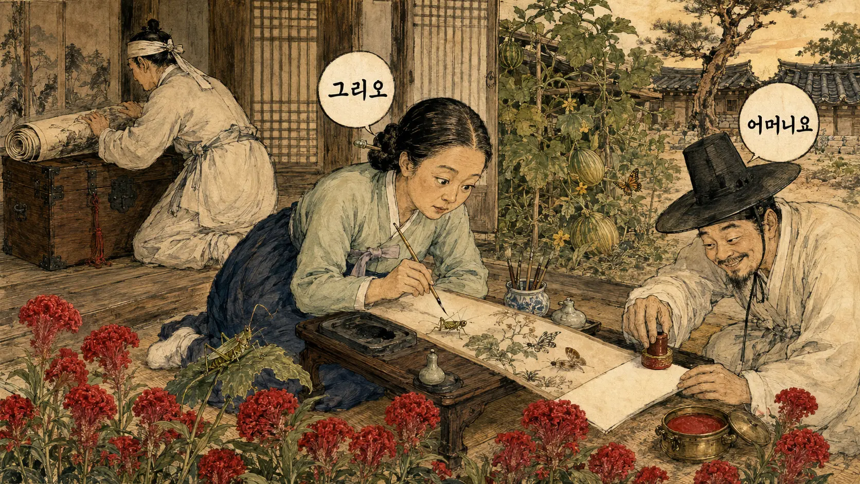 신사임당 초충도 옆에서 선비가 빈 종이띠에 인장을 누르는 김홍도 풍 만평