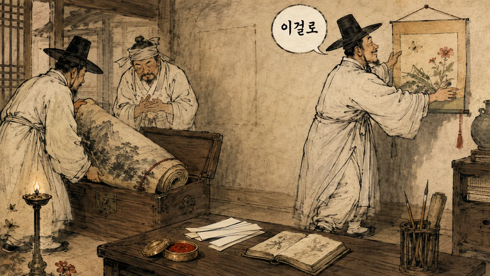 신사임당의 산수화가 궤로 들어가고 초충도가 벽에 걸리는 김홍도 풍 만평