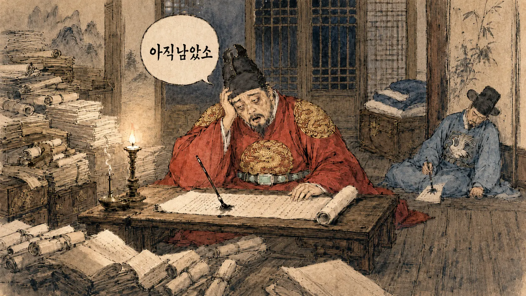 조선 왕의 하루 밤 풍경 — 촛불 아래 홀로 상소를 읽는 임금과 졸고 있는 사관