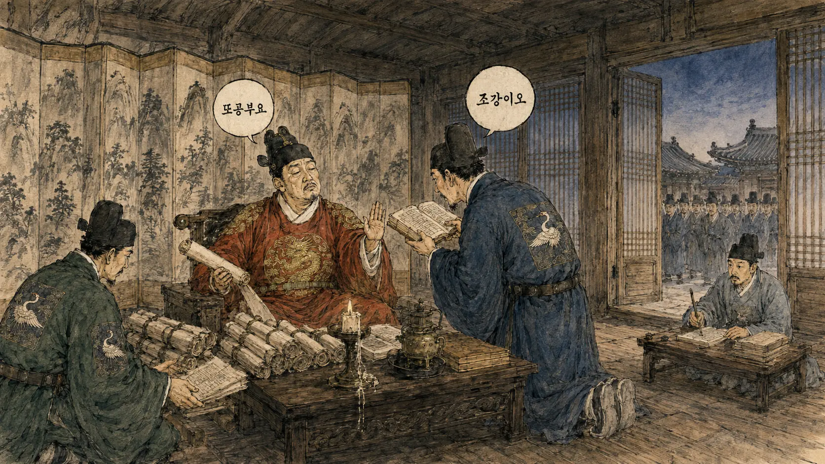 조선 왕의 하루 만평 — 편전에서 신하 세 사람에게 둘러싸인 임금