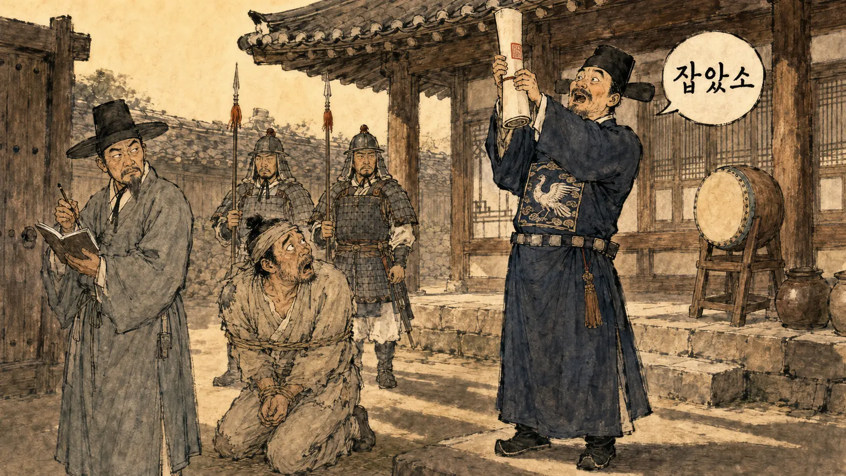 임꺽정을 잡았다며 관아에서 보고서를 올리는 관리와 끌려온 낯선 남자를 그린 김홍도 풍 만평