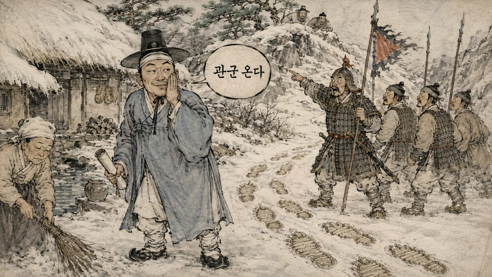 임꺽정 무리에게 관군의 접근을 알리는 아전을 그린 김홍도 풍 수묵담채 만평