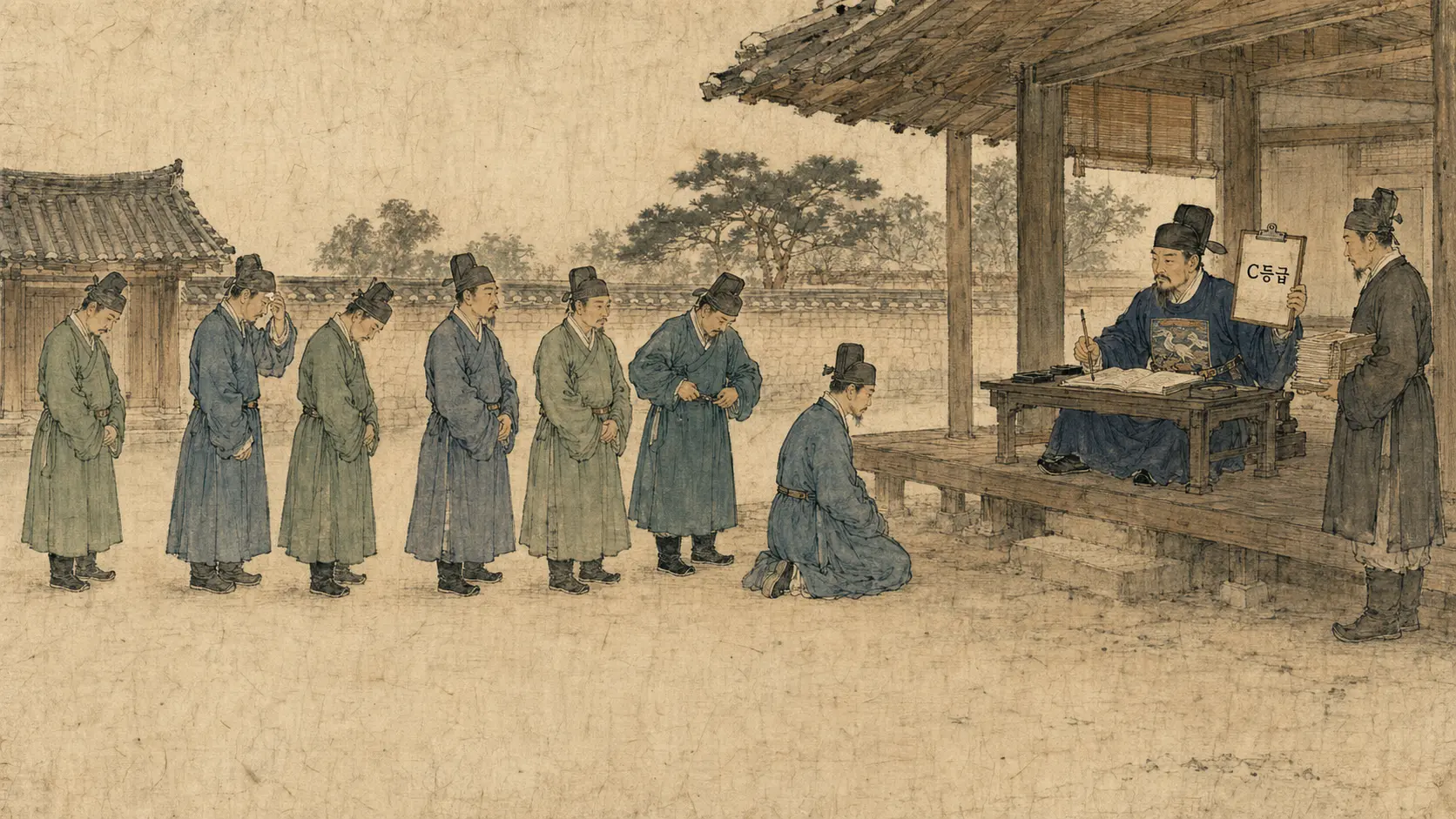 조선 포폄 제도 등제를 기다리는 관리들을 그린 김홍도풍 만평