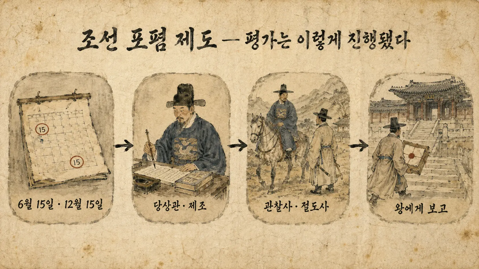 조선 포폄 제도 평가 절차를 정리한 김홍도풍 인포그래픽