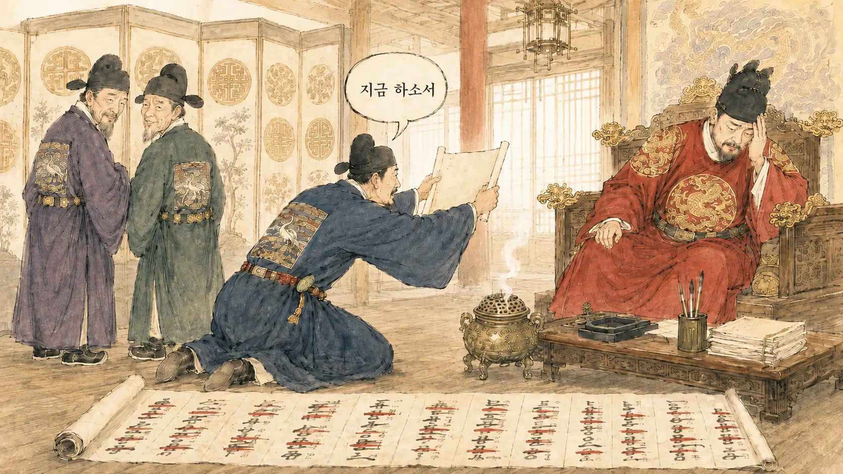 조광조가 상소를 올리는 편전 장면을 담은 김홍도 풍 수묵담채 만평
