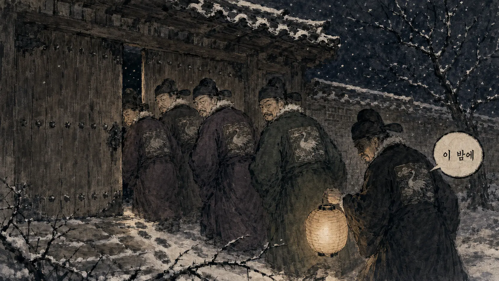 조광조 탄핵을 위해 눈 내리는 밤 신무문으로 들어서는 훈구 대신들을 그린 김홍도 풍 만평