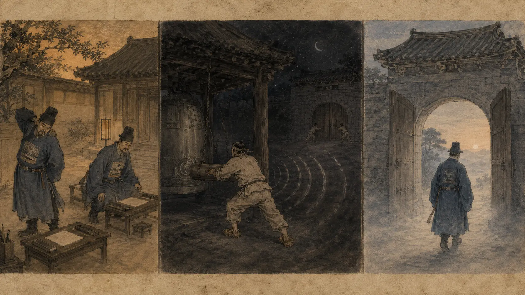 조선 숙직 관련 하룻밤의 흐름 - 관청 저녁, 인정 타종, 파루 개문 3단 장면