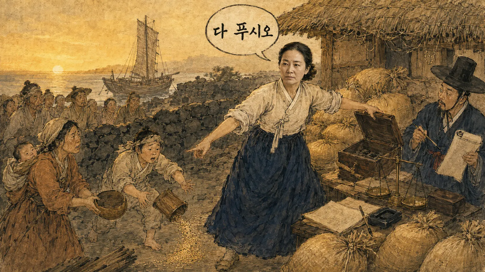 김만덕이 돈궤 앞에서 곡식 섬을 가리키는 김홍도 풍 만평