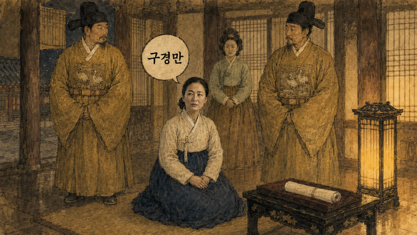 김만덕이 궁궐 앞방에 앉아 있는 김홍도 풍 만평