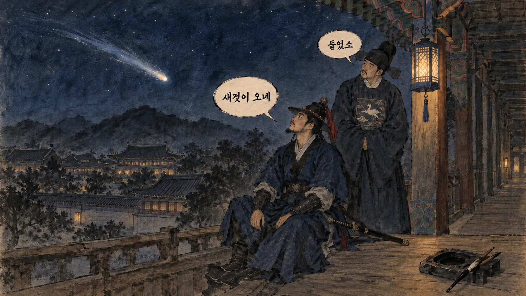 남이 장군과 유자광이 나란히 선 숙직 툇마루 김홍도 풍 만평