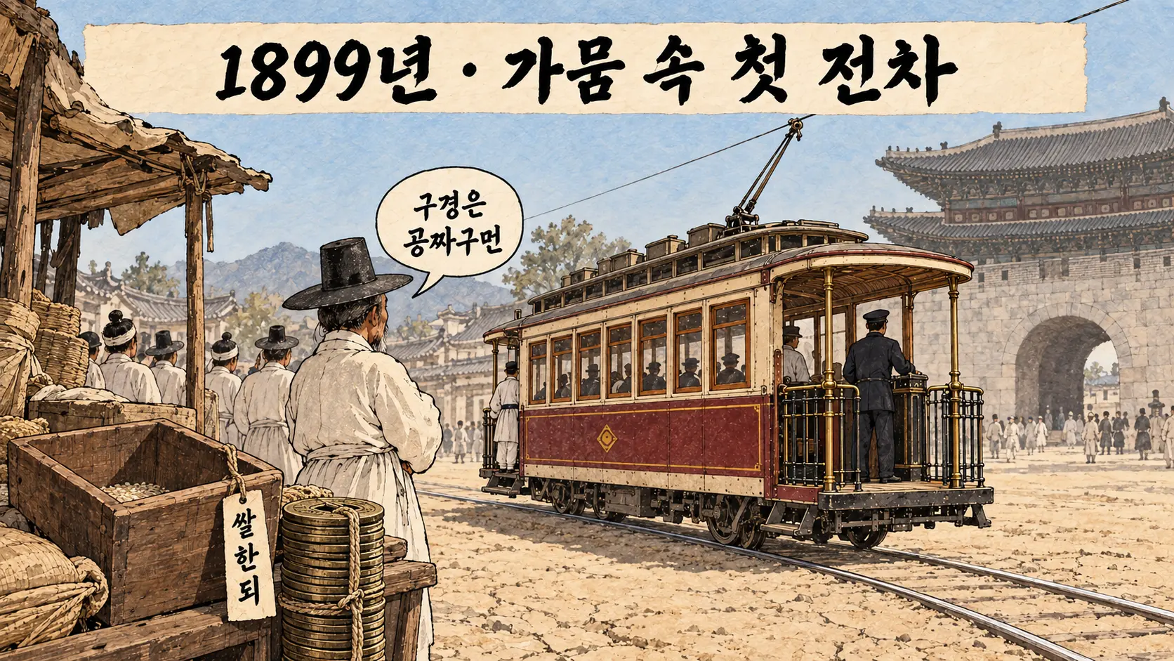 서울 전차 소각 사건이 일어나기 전, 1899년 가뭄으로 메마른 서울 거리에서 거의 빈 쌀 되와 동전 더미 옆에 선 흰옷 노인이 팔짱을 끼고 지나가는 첫 전차를 바라보는 AI 생성 만평