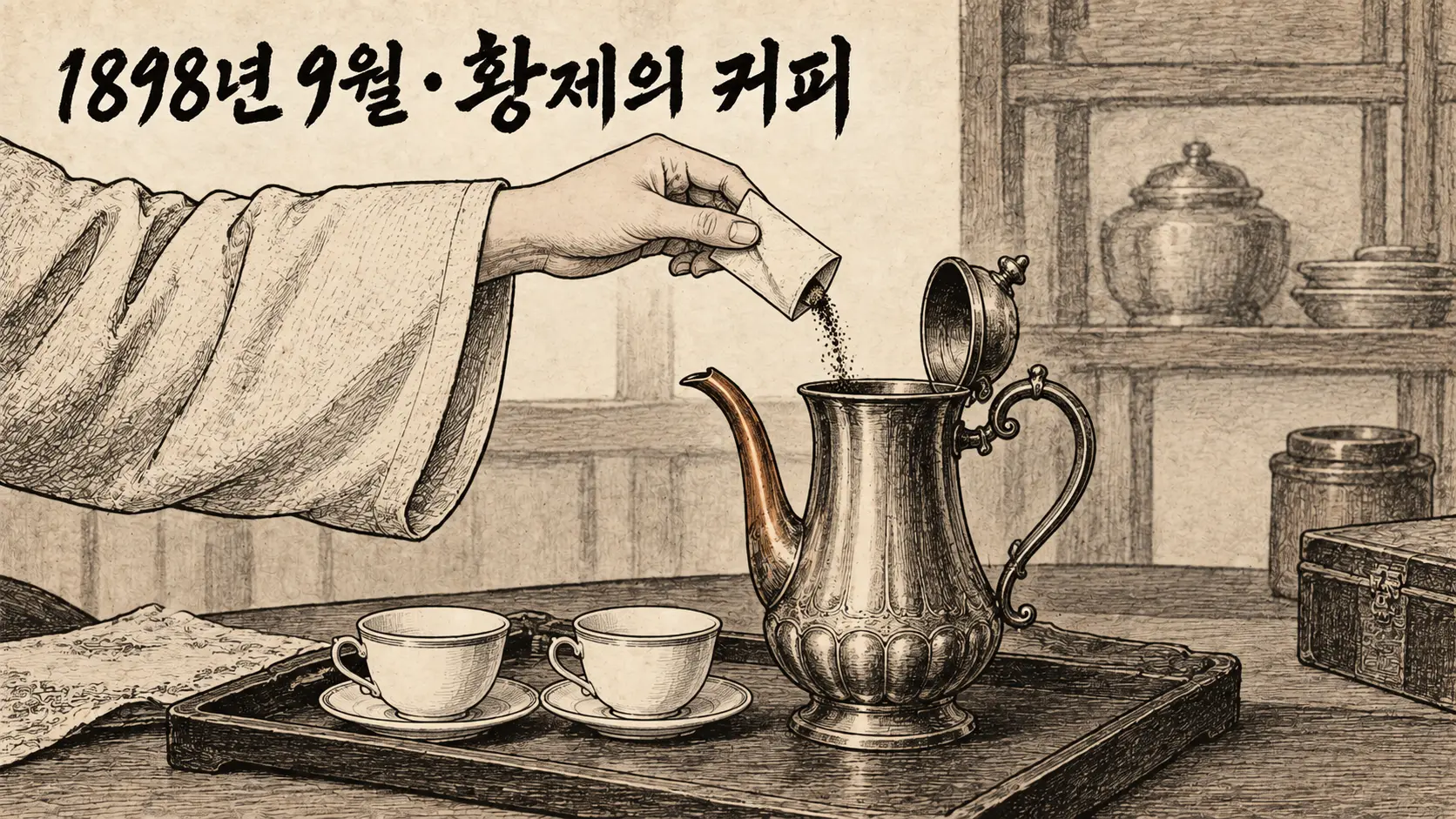 1898년 궁중 주방에서 소매 속 작은 꾸러미를 커피 주전자에 기울이는 손을 그린 흑백 펜화 삽화