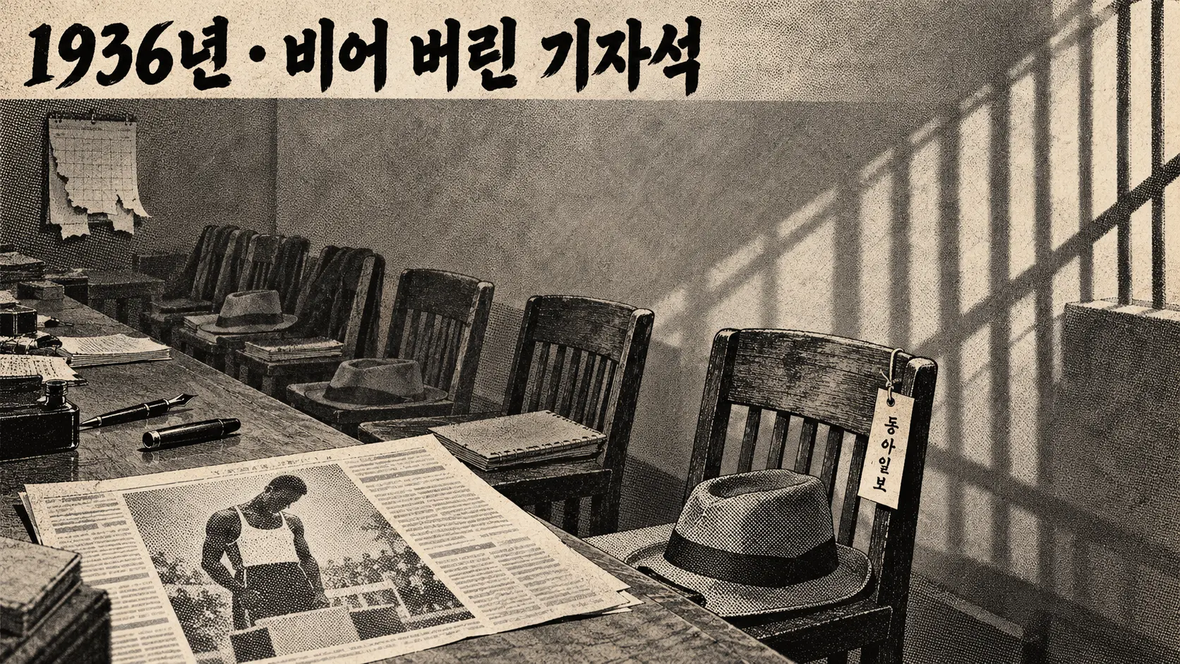 창살 그림자가 드리운 신문사 체육부 책상과 중절모만 남은 빈 의자들이 늘어선 흑백 만평