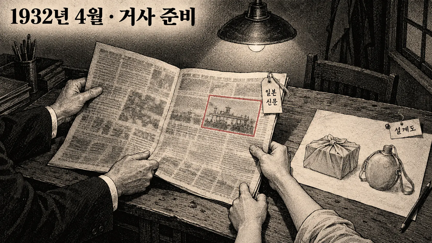1932년 4월 상하이의 작은 방에서 두 사람의 손이 일본 신문을 함께 펼쳐 보고, 탁자 위 종이에 도시락과 물통 모양이 스케치된 흑백 만평
