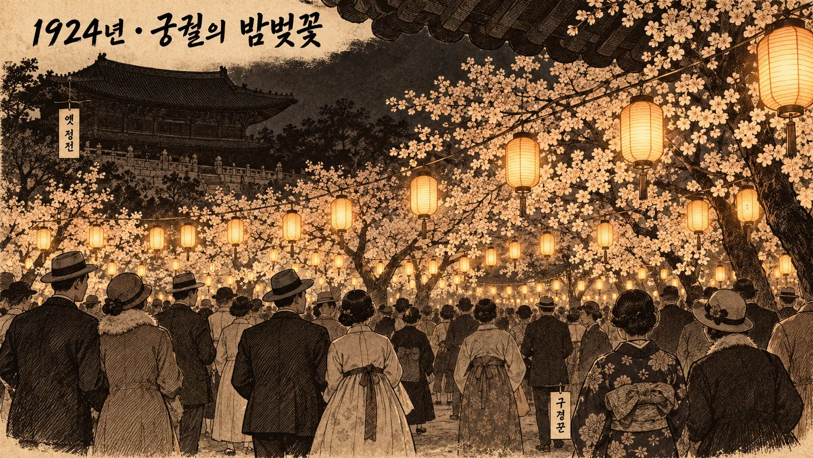 창경원 동물원 시절인 1924년 밤벚꽃놀이, 어두운 옛 정전 지붕 아래 등불과 벚꽃 사이를 구경꾼들이 뒷모습으로 거니는 AI 생성 만평