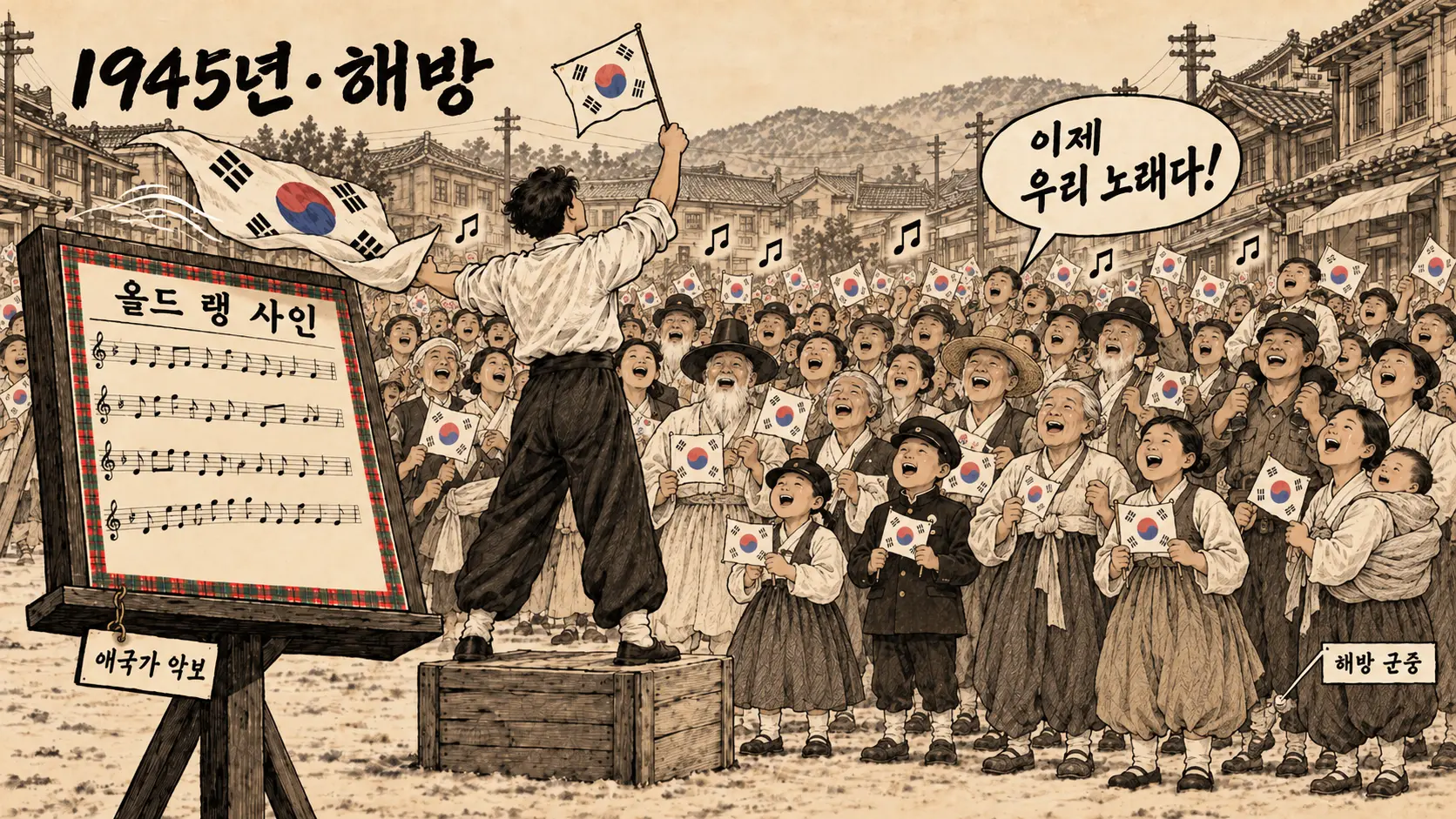 바람에 태극기가 걷히며 애국가 악보의 제목 '올드 랭 사인'이 드러난 1945년 해방의 날 만평
